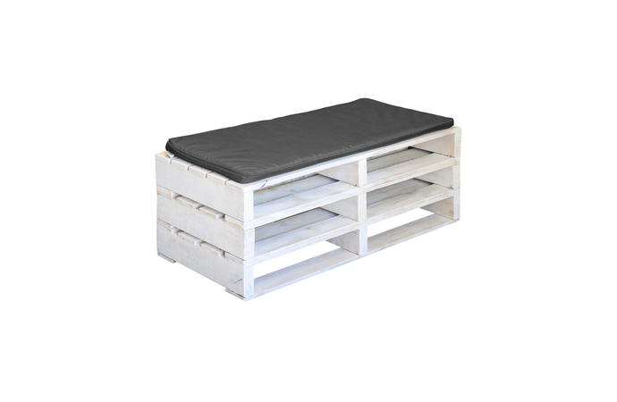 White Wash pallet bench seat with grey cushion hire by Event Marquees | © Event Marquees