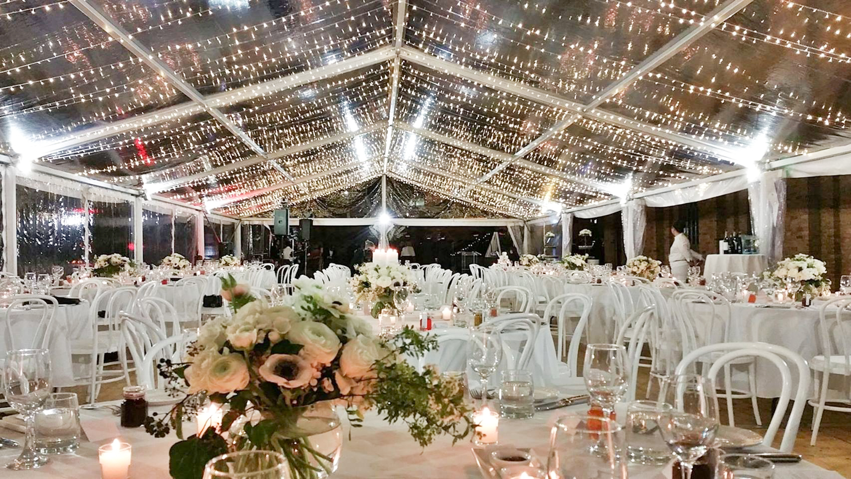 clear marquee with fairy lights