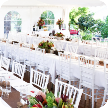 white tiffany chair hire by event marquees | © event marquees