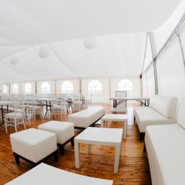white ottoman hire by event marquees | © event marquees | © event marquees