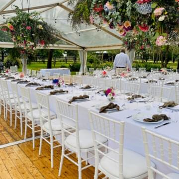 white tiffany chair hire by Event Marquees | © Event Marquees | © Event Marquees